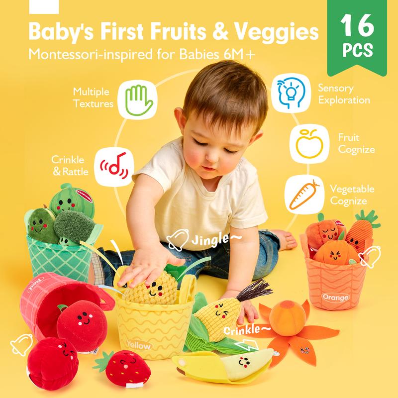 Baby Sensory Play Food Set by Hahaland, 16-Piece Plush Fruits and Vegetables with Crinkle Rattles and Color Sorting Baskets for Ages 6 Months and Up