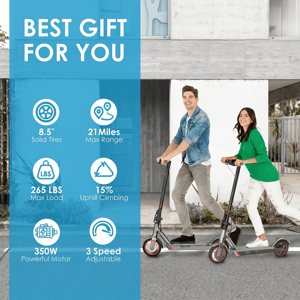 Electric Scooter for Adults 350W Foldable 19 MPH 21 Mile Range 8.5 Inch Solid Tires APP Control Dual Brake LED Lights Portable E-Scooter Commuter