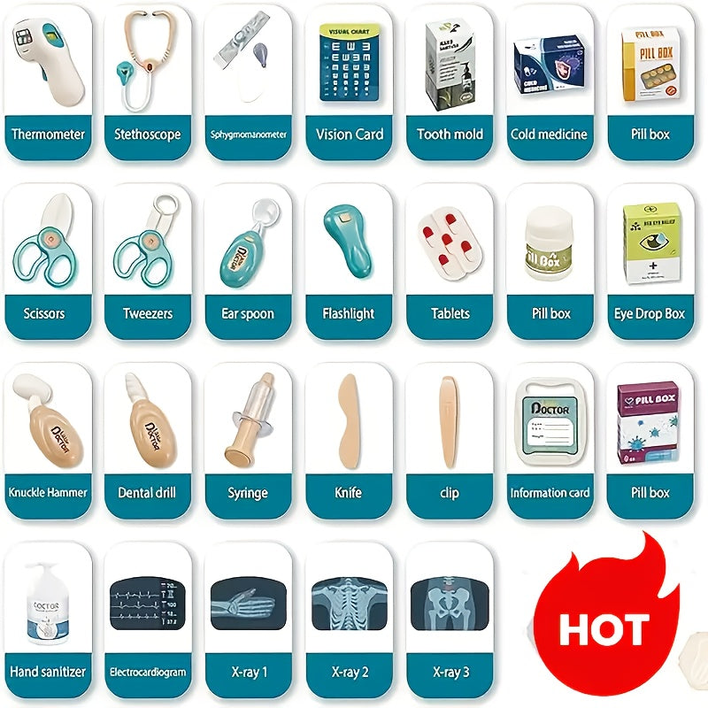 Kids Doctor Kit Pretend Play 26 Piece Medical Toy Set with Sound Effects Stethoscope Thermometer Blood Pressure Meter ABS Safe Role Play Gift for Children Age 3+