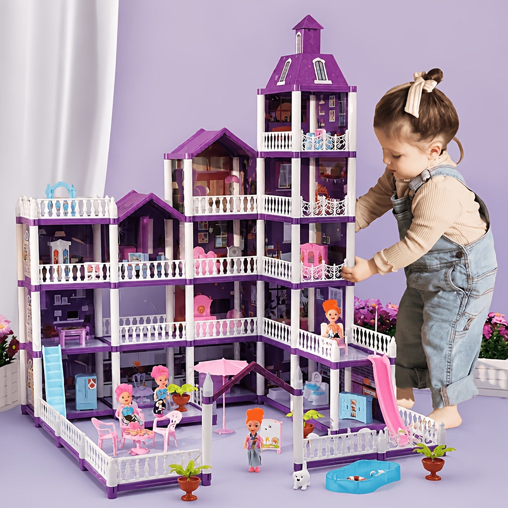 Dollhouse for Girls Ages 3-10 with Doll Figures Puppies Furniture Accessories LED Light - 6 to 16 Room Purple Playhouse, Imaginative Pretend Play Toy, Birthday Christmas Easter Gift for Girls