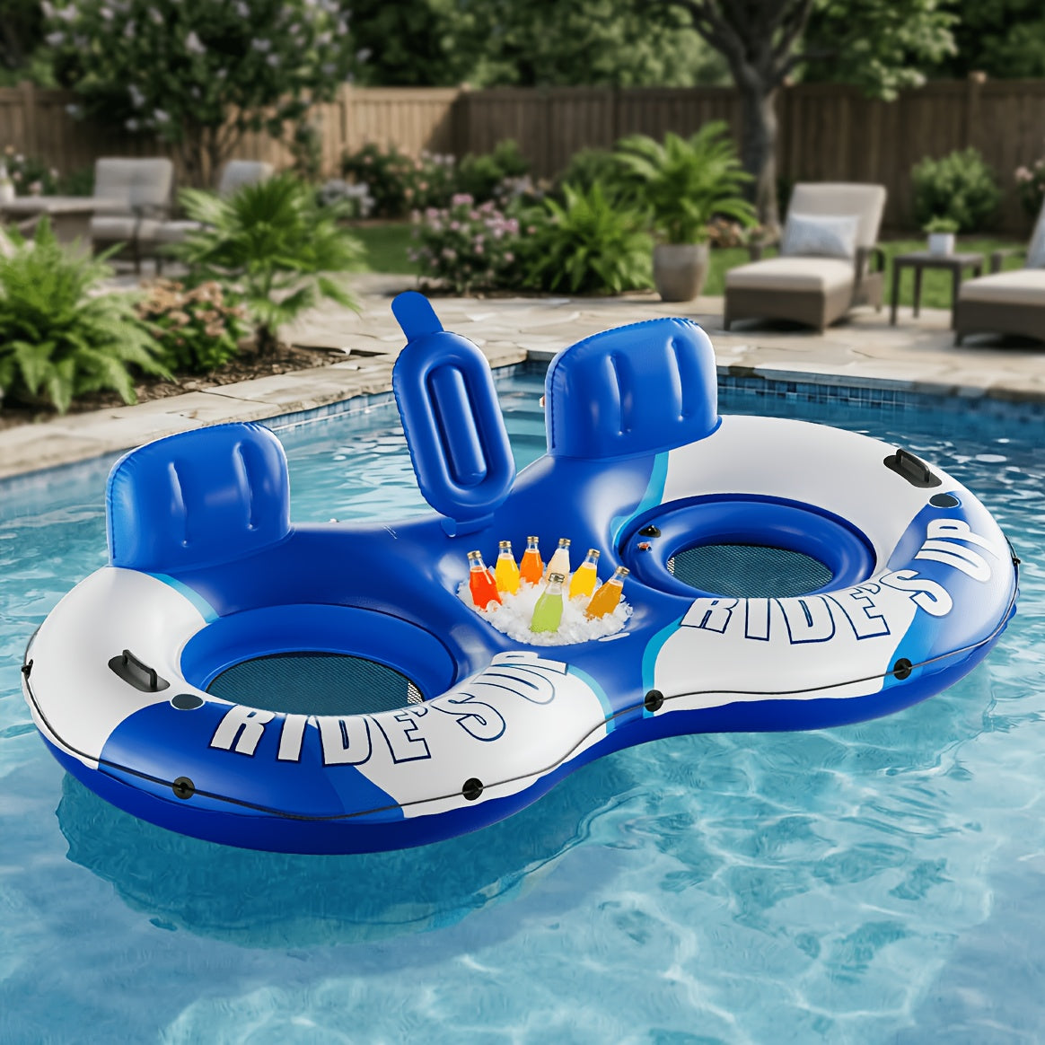Inflatable Water Float Tube 2-Person 93 Inch 660lb Capacity Heavy Duty Pool River Lake Floating Lounge with Backrest Cooler & Cup Holders – Outdoor Summer Water Leisure