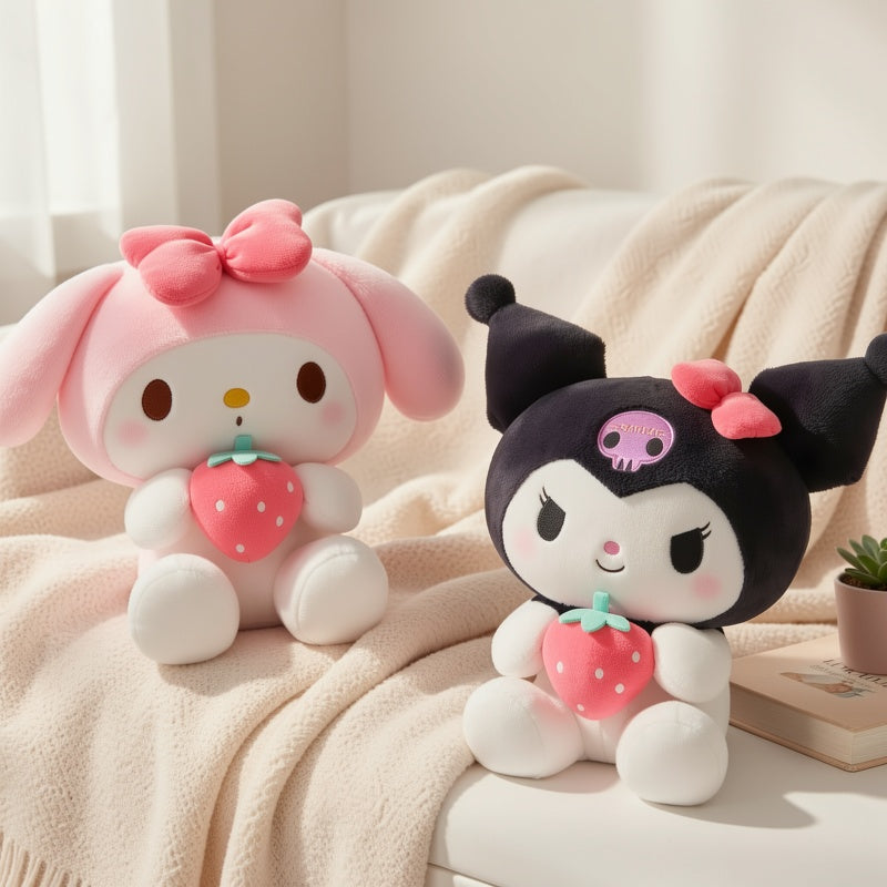 My Melody Sanrio Plush Toy 9.84 Inch – Sitting Strawberry Kuromi Melody Stuffed Animal Doll, Kawaii Sanrio Gift for Girls Girlfriend Birthday Holiday Room Decor