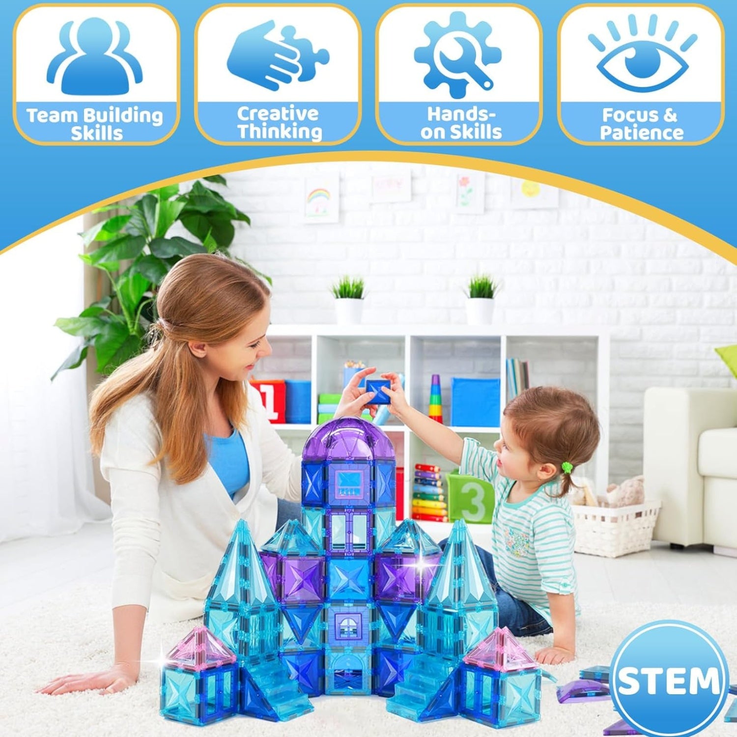 Magnetic Tiles for Kids 116pcs Castle STEM Building Blocks – 3D Magnetic Construction Pretend Castle Playset Preschool Learning Toy Gift for Boys Girls Age 3+