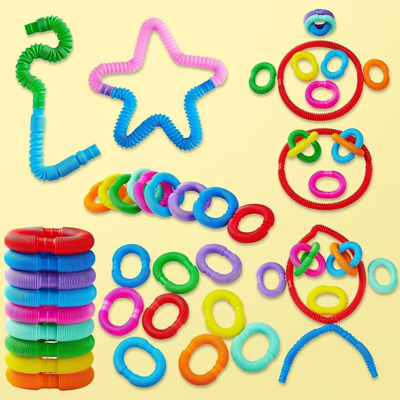 Pop Tubes Bulk 72 Pack Fidget Sensory Toys – Connectable Extendable Stress Relief Tubes Party Favors for Classroom Halloween Christmas Easter Birthday Goodie Bag