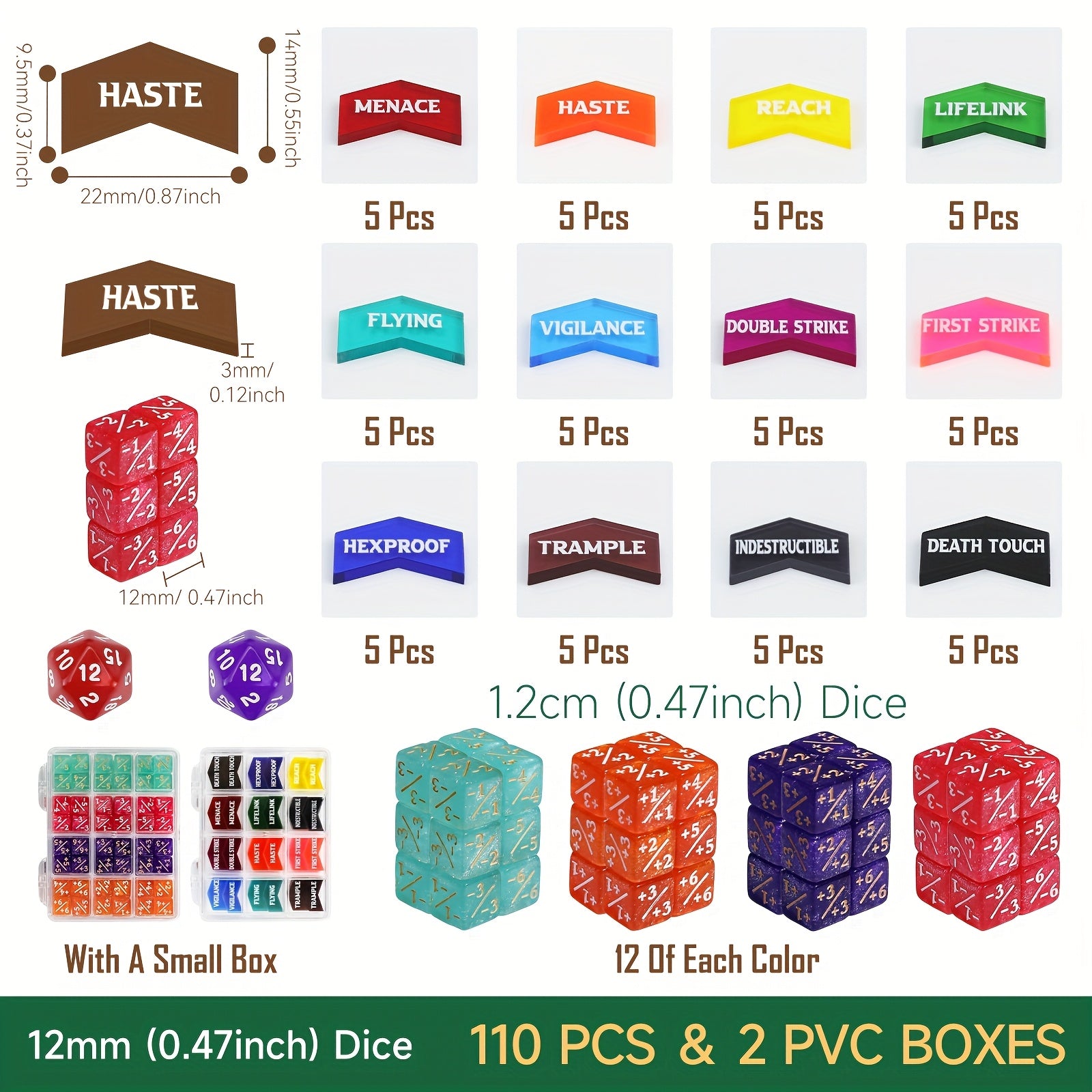 110pcs MTG Counter Dice Set Plus 1 Minus 1 Tokens D20 Keyword Counters 12mm 6-Sided Dice for Magic the Gathering TCG Card Game Accessories Gift