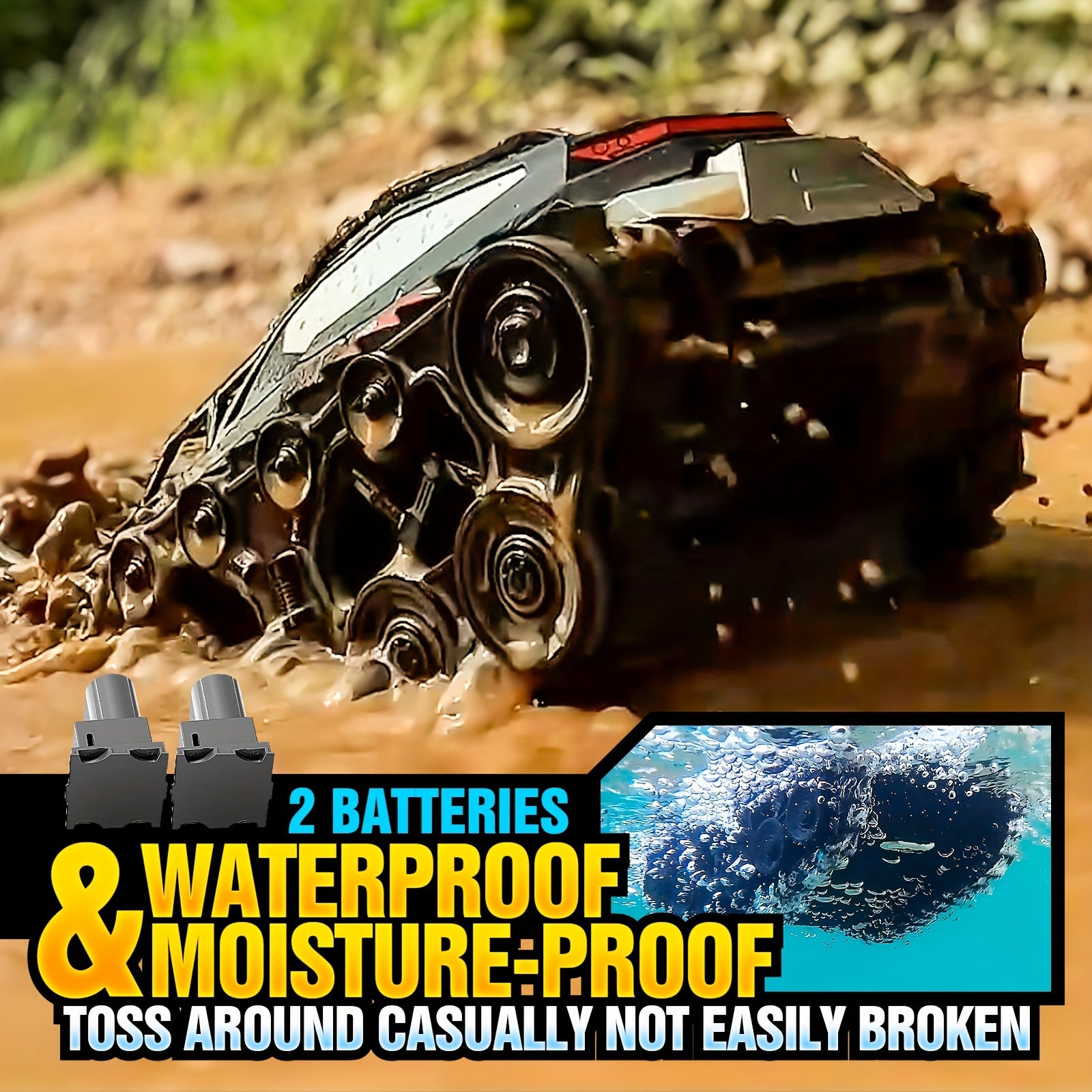 Amphibious RC Tank with 2 Battery Packs High Horsepower Off-Road Drifting Climbing Remote Control Car – All-Terrain Land & Water RC Vehicle for Boys Kids Christmas Halloween Gift