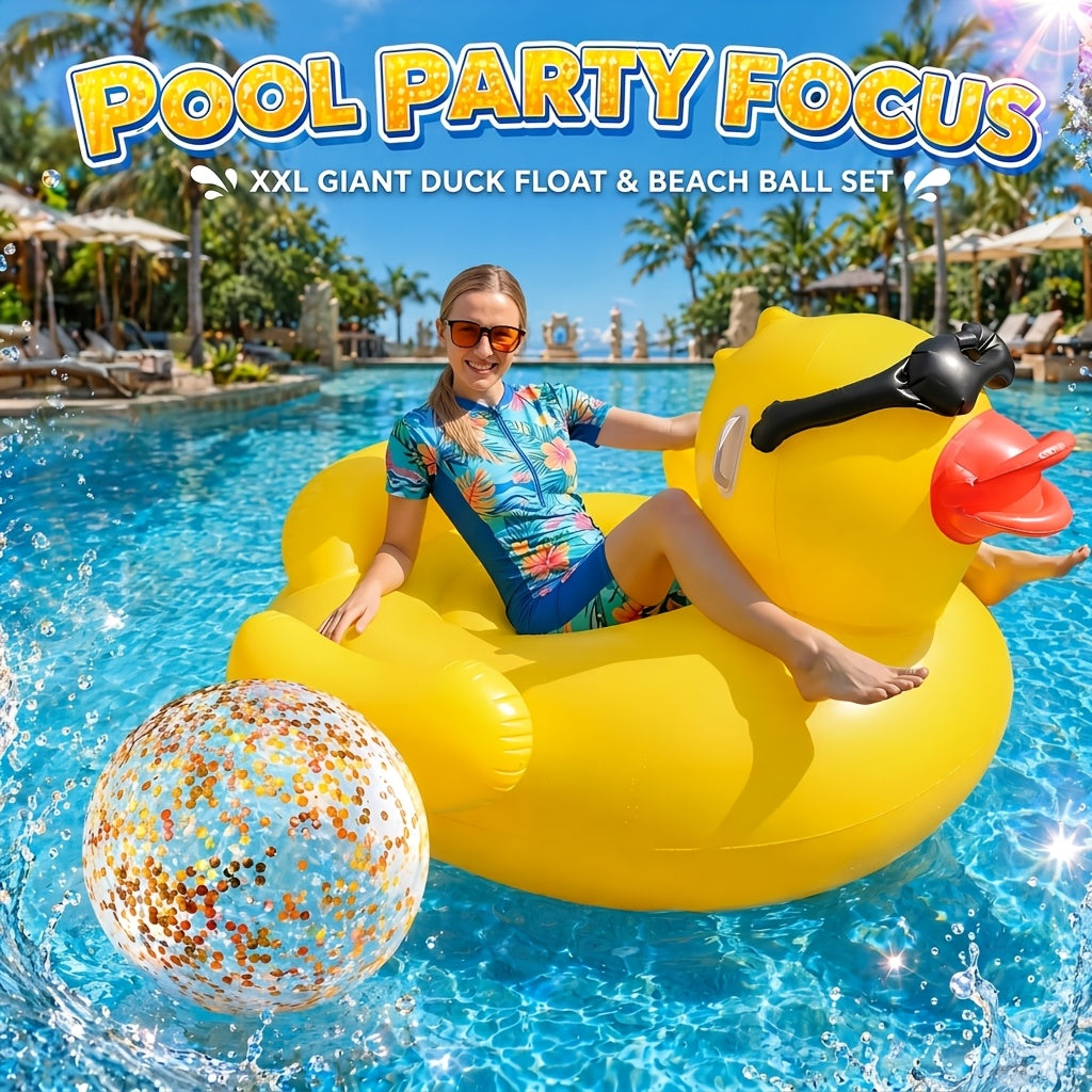 Giant Duck Pool Float for Adults – 67 Inch XXL Inflatable Ride-On Raft with 16 Inch Beach Ball, Holds 300 lbs, Summer Pool Party Float for Lake River Beach Outdoor Water Fun