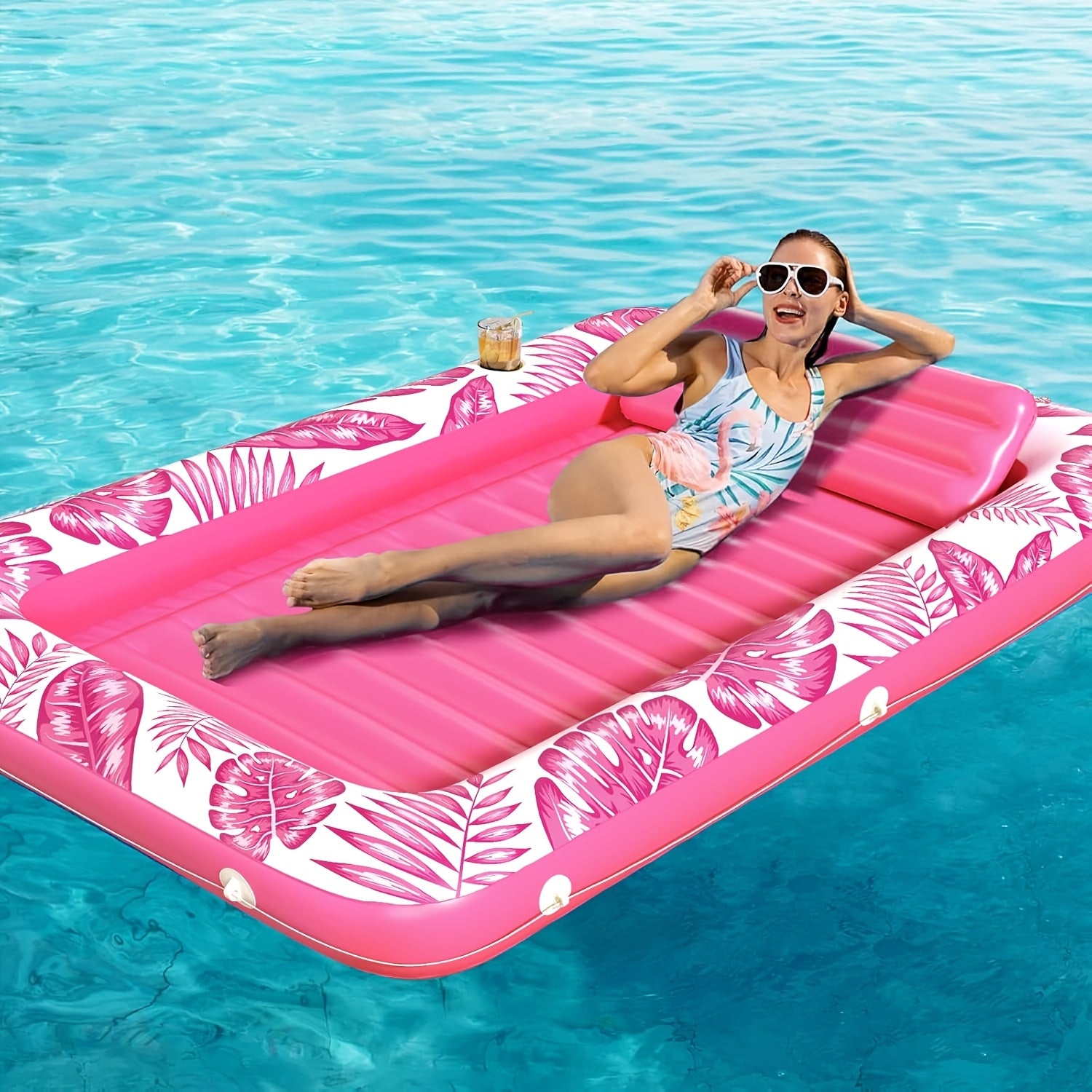 Inflatable Tanning Pool Lounger Float – 4-in-1 Sun Tan Tub Pool Float Raft with Water Fill, Pillow & Cup Holder, Sunbathing Lounge Mat for Adults, Large