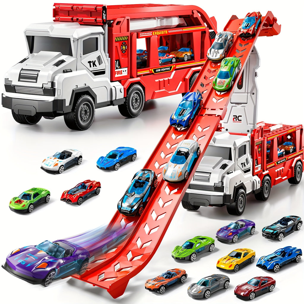 3-in-1 Kids Carrier Truck Toy with Car Tracks, 12 Racing Cars, Foldable Race Track & Garage – Toddler Birthday Gift for Boys Girls Ages 3+, Red