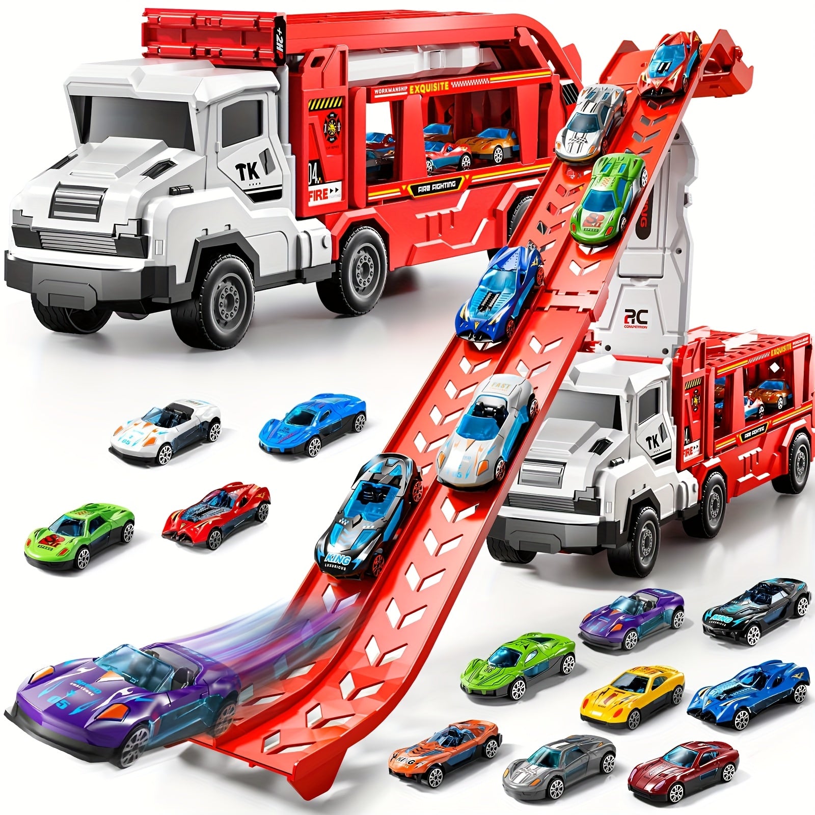 3-in-1 Kids Carrier Truck Toy with Car Tracks, 12 Racing Cars, Foldable Race Track & Garage – Toddler Birthday Gift for Boys Girls Ages 3+, Red