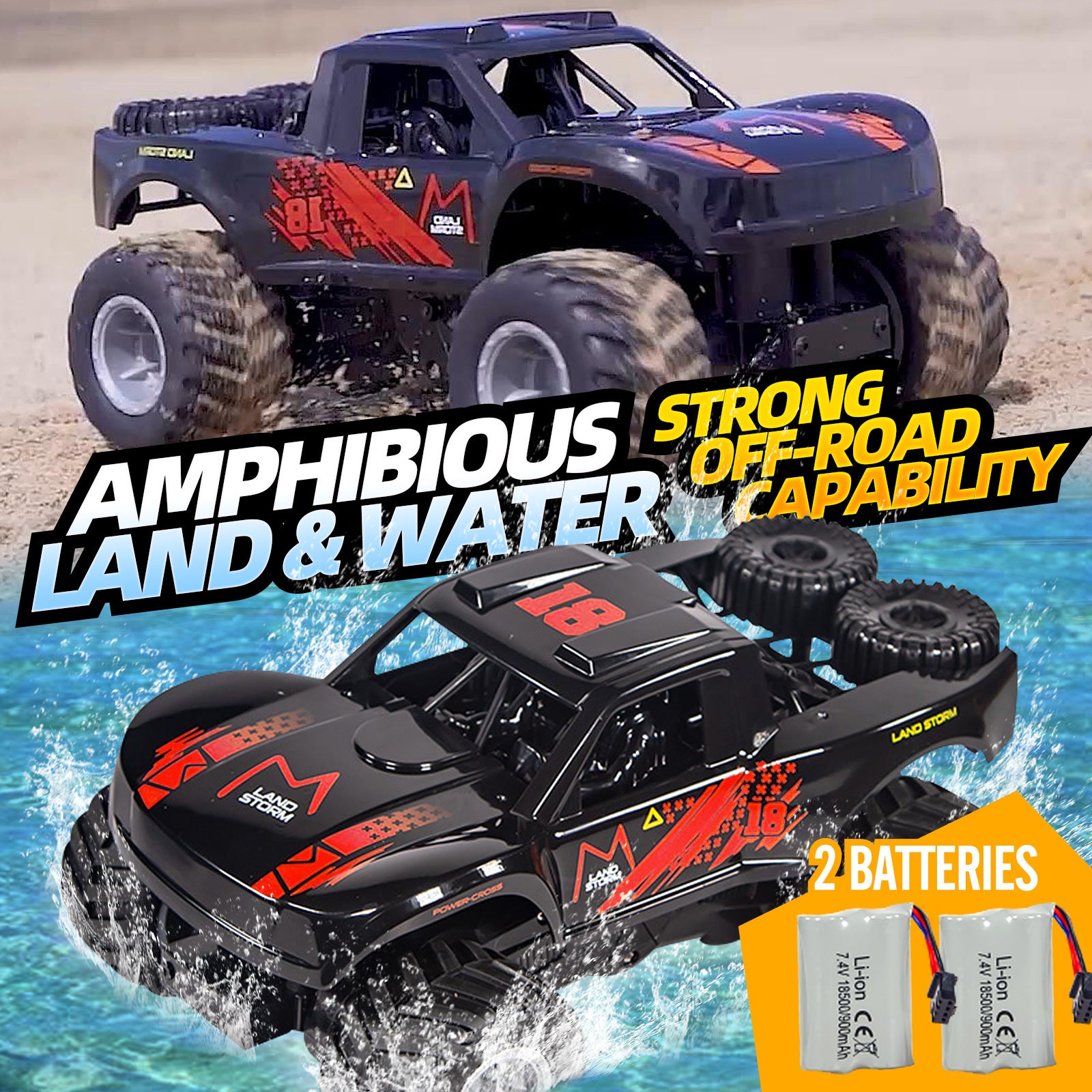 Amphibious RC Monster Truck 1:16 Scale 4WD Waterproof - 2 Rechargeable Batteries, All Terrain Off-Road RC Car for Kids Boys Ages 4-7, Birthday Gift