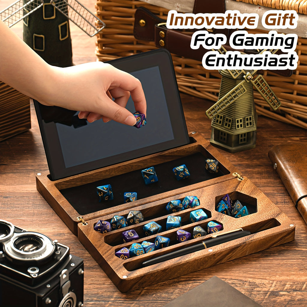 Handmade Walnut Dice Box 4.8x9" Flip Lid Magnetic Lock - Wood Dice Tray with Phone Stand for DnD RPG Board Games, Premium Dungeon Master Gift