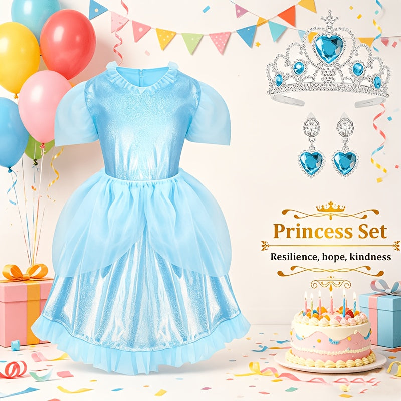 Princess Dress Up Costume Set for Girls 14-Piece, 5 Outfits with Crowns Earrings & Storage Box, Birthday Halloween Gift for Girls Ages 3-6