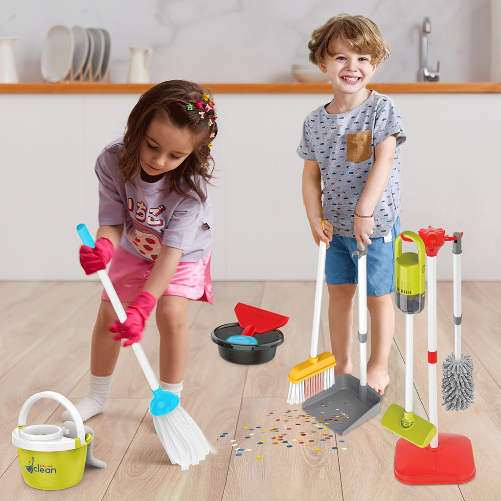 Kids Pretend Play Cleaning Toy Set with Electric Vacuum Cleaner Broom Dustpan Mop & Duster – Home Cleaning Playset for Toddlers Boys & Girls Birthday Gift
