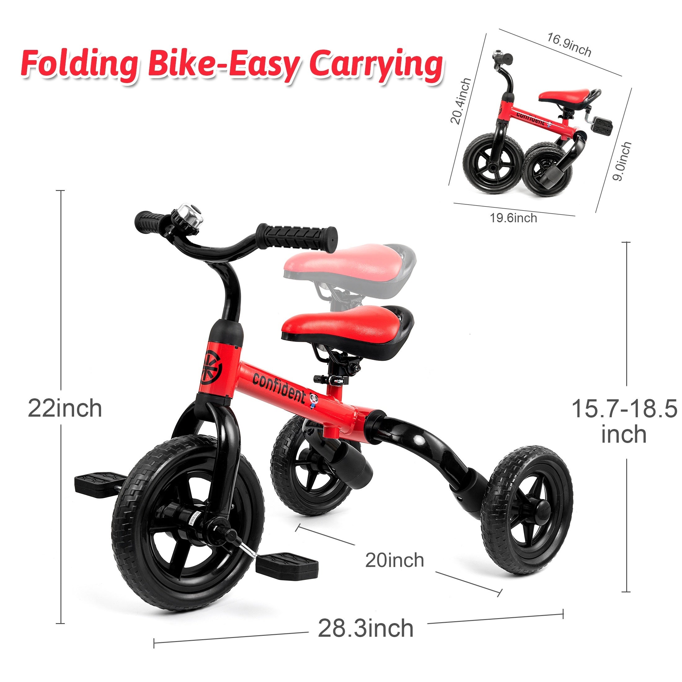 3-in-1 Foldable Toddler Tricycle for Boys Girls Ages 2+, 4-Mode Balance Bike with Detachable Pedals Training Wheels Carbon Steel Frame Puncture-Proof EVA Tires, Indoor Outdoor Ride-On, Birthday Christmas Gift