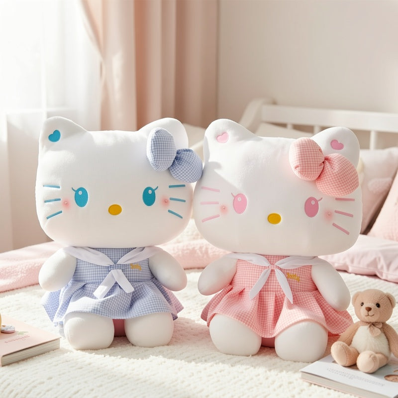 Hello Kitty Dress-Up Plush Stuffed Toy 13.78 Inch – Oversized Sanrio KT Cat Soft Doll, Home Decor Plushie, Birthday Gift for Girls, Pink Plaid & Blue Plaid