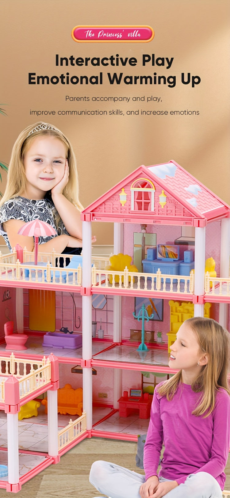 Dollhouse Princess Castle with Furniture – 11 to 27 Room Doll Villa Play Set for Girls Logical Thinking Toy Birthday Christmas Gift Kids Ages 3+ Pink Blue