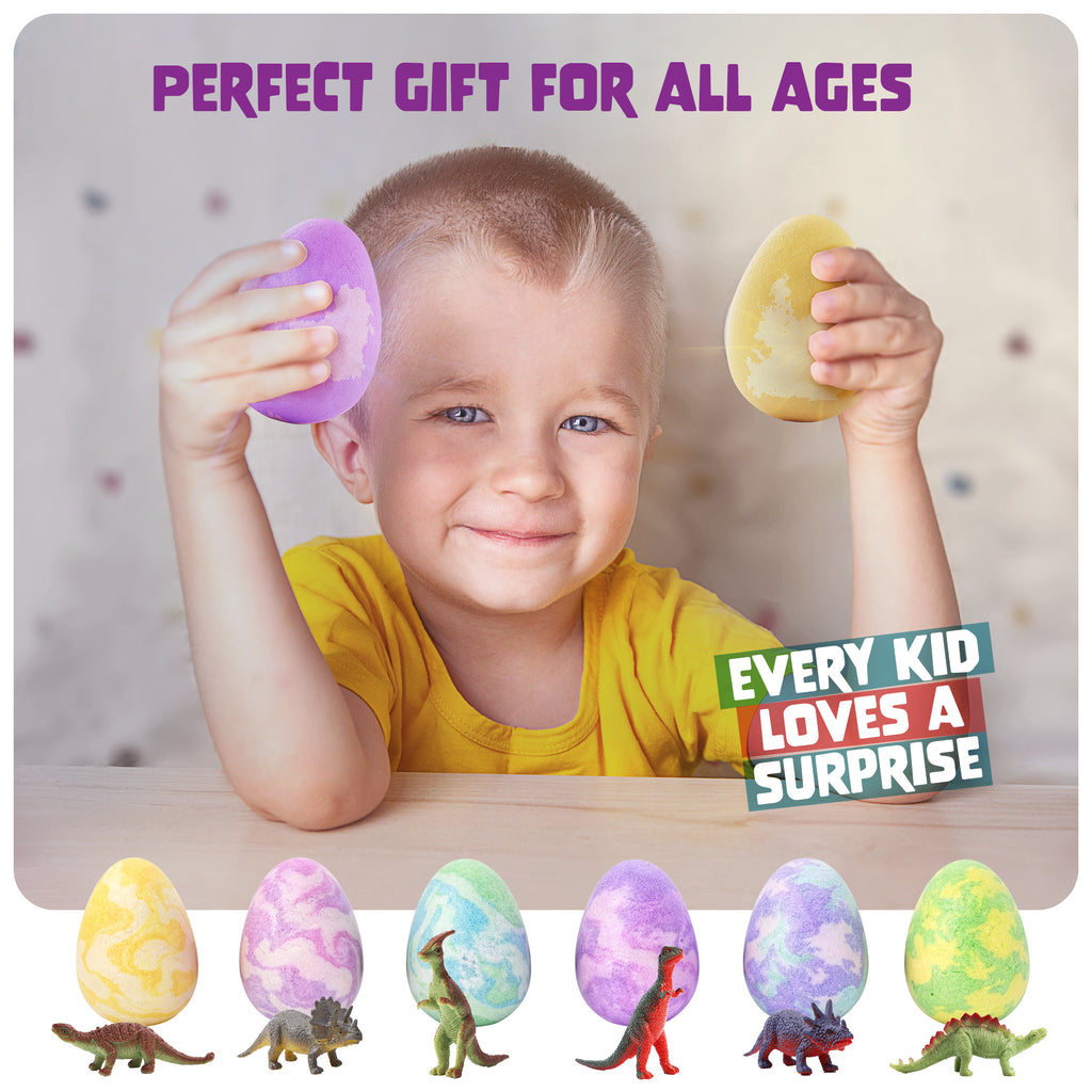 Dinosaur Egg Bath Bombs for Kids 6-Pack - Fizzy Surprise Bath Bomb Set with Hidden Dinosaur Toys & Learning Cards, Colorful Bath Time Activity, Birthday Christmas Gift for Boys Girls
