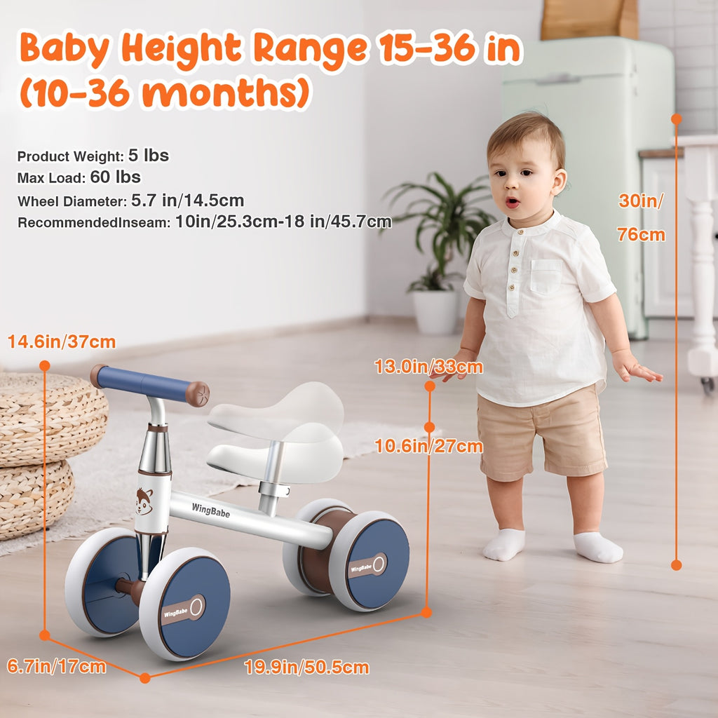 Baby Balance Bike for Toddlers 10-36 Months, 4 Wheel First Bike for Boys Girls with Adjustable Seat Silent TPE Tires 90° Safety Steering, Indoor Outdoor Ride-On Toy, 1st Birthday Christmas Gift