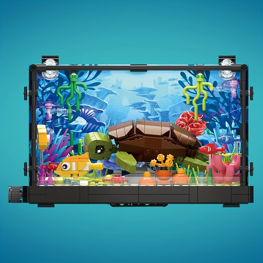 Building Block Aquarium Set with Marine Turtle & Fish Tank – Creative Ocean Animal Model Building Toy, STEM Construction Gift for Kids Boys Girls Home Decor