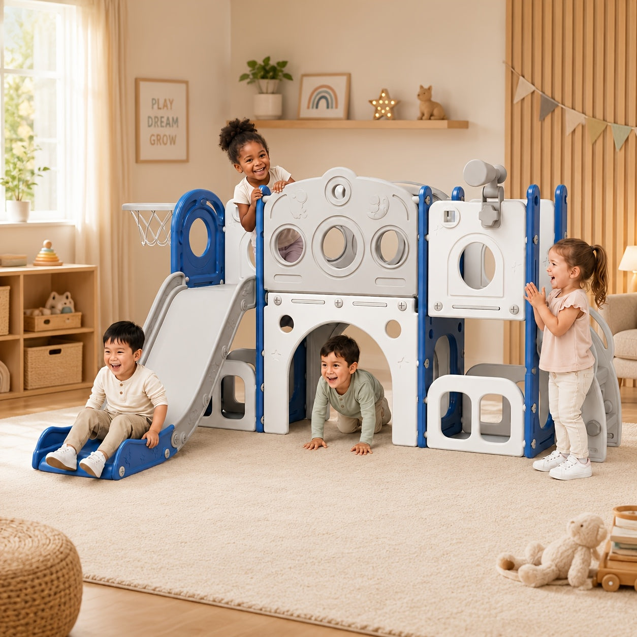 Toddler Slide Playset with Basketball Hoop and Telescope Indoor Outdoor Backyard Playground for Babies Kids Ages 1-3 Climbing Toy Gift