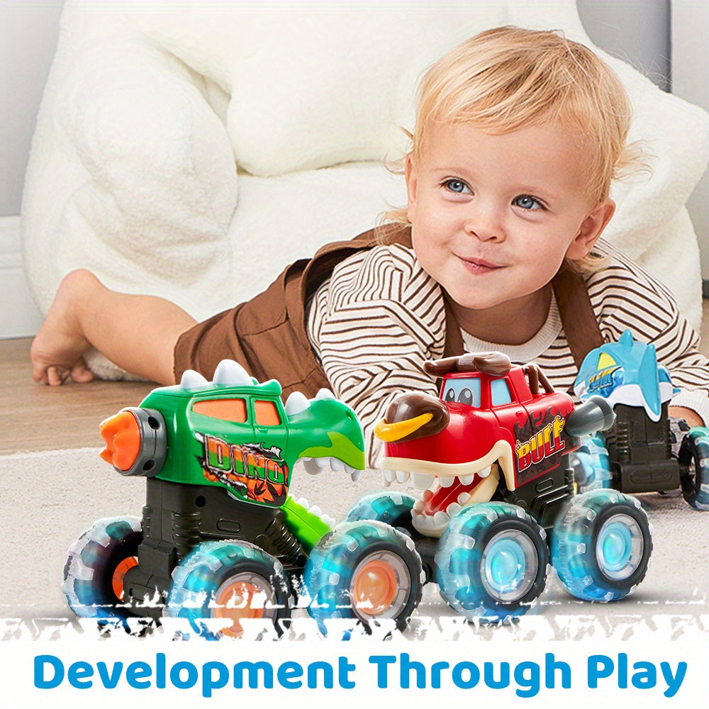 Monster Truck Toys for Toddlers 3 Pack – LED Light-Up Animal Trucks with Press & Go, Chomping Action – Shark, Bull & T-Rex Glow Cars, Easter Birthday Gift for Boys & Girls Ages 1.5+