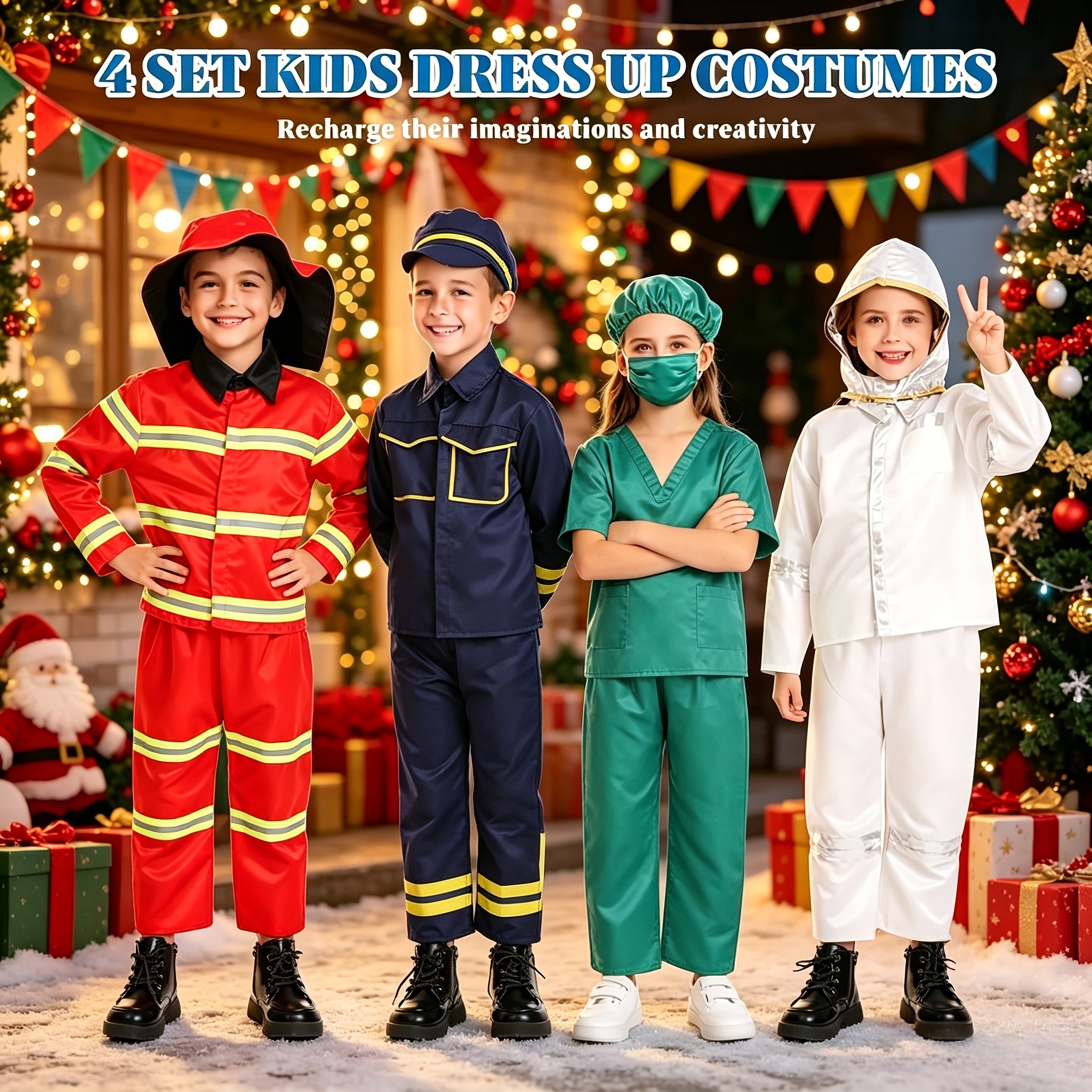 Kids Dress Up Costumes 4-in-1 Role Play Set - Firefighter Police Astronaut Doctor Boys Girls Ages 3-6 Years Birthday Gift