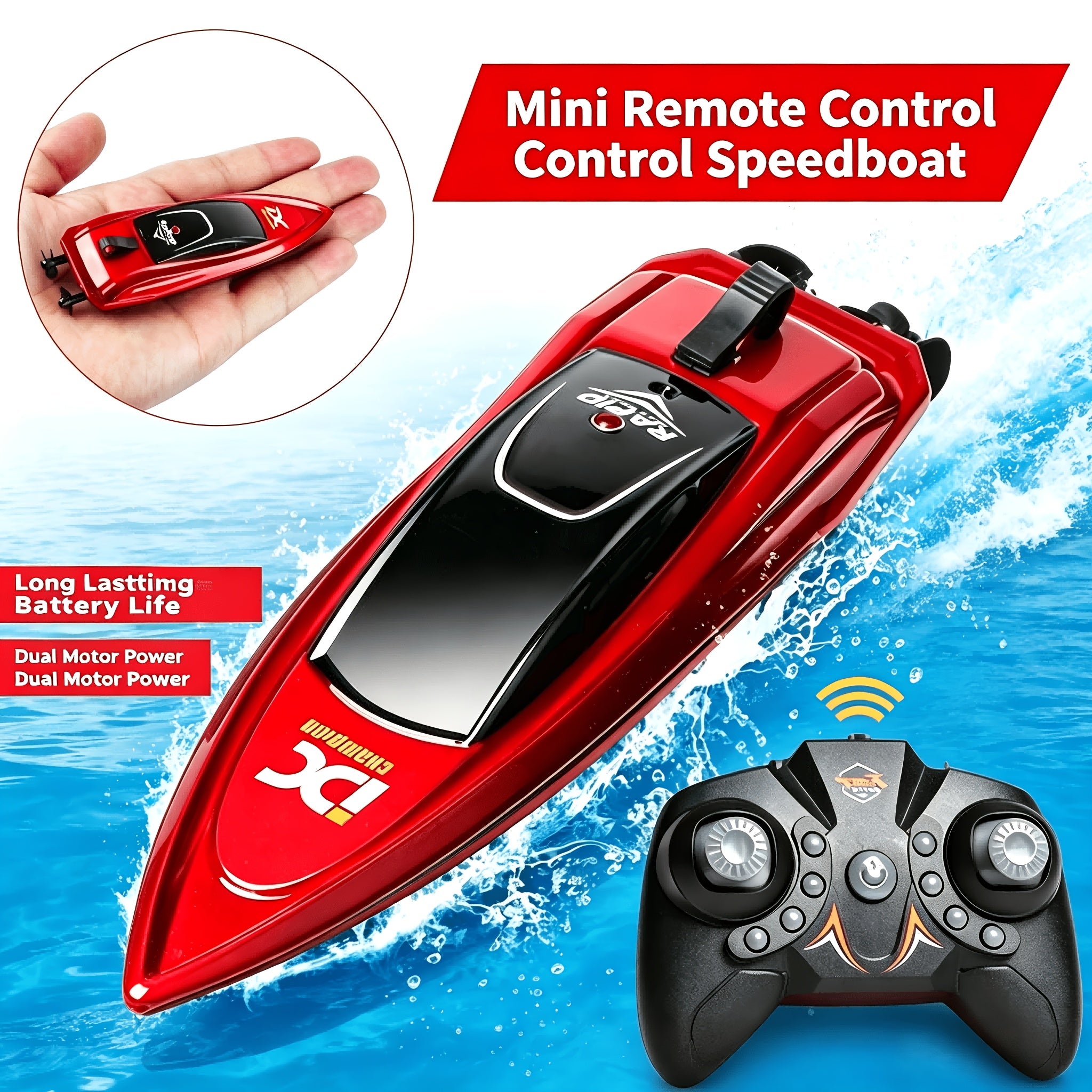 RC Boat Toy 2.4G 4-Channel Mini Remote Control Racing Boat with LED Dynamic Lights Durable Hull – Kids Summer Water Play Gift Boys Girls