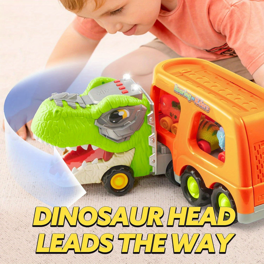 Dinosaur Car Carrier Truck Toy for Kids with 6 Rubber Dino Vehicles, Sliding Ramp, Music & LED Lights – 2-Level Storage, Birthday Christmas Gift for Boys & Girls Ages 3+