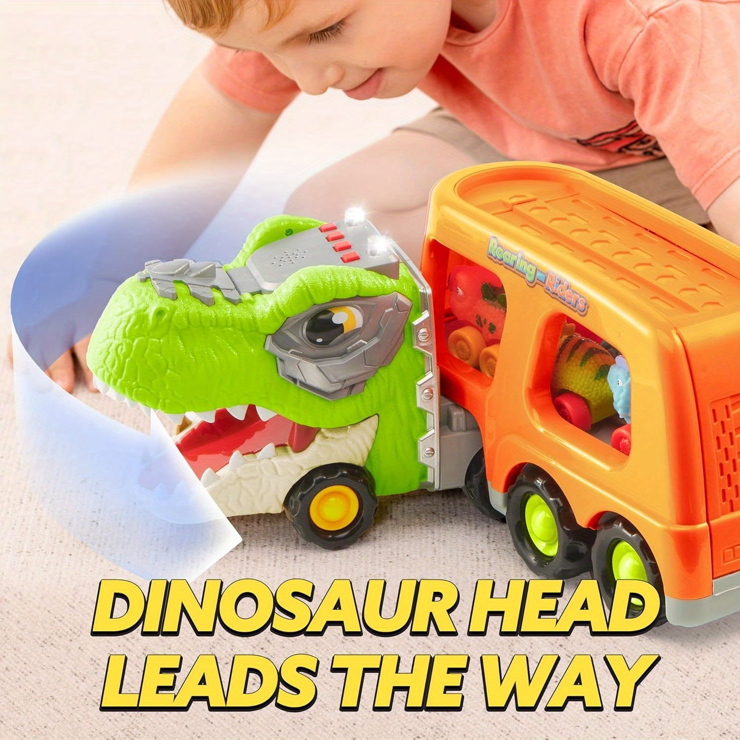 Dinosaur Car Carrier Truck Toy for Kids with 6 Rubber Dino Vehicles, Sliding Ramp, Music & LED Lights – 2-Level Storage, Birthday Christmas Gift for Boys & Girls Ages 3+