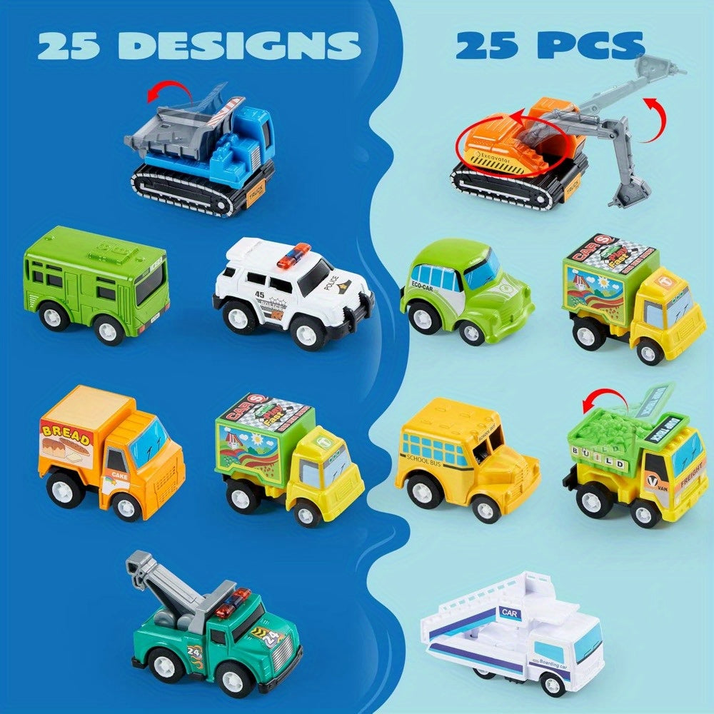 25-Piece Pull Back Cars and Trucks Toy Set for Kids – Die-Cast Vehicle Playset with Fire Truck, Police Car & School Bus, Party Favors, Easter & Christmas Gift for Boys and Girls