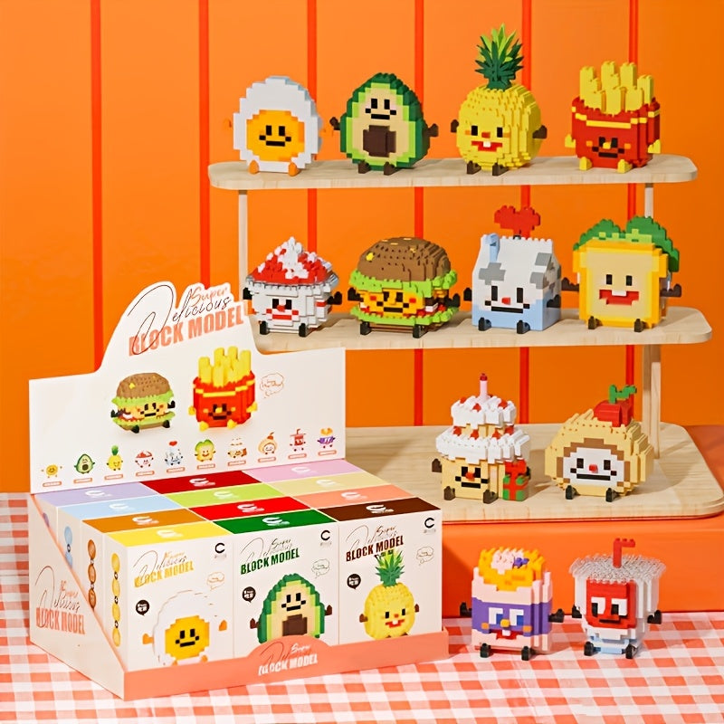 Cartoon Food Building Block Puzzle 12 Sets Gift Box - Cute Mini Food Figures for Kids Ages 3+, Party Favors Classroom Prizes Collectibles, Christmas Birthday Easter Gift for Boys Girls