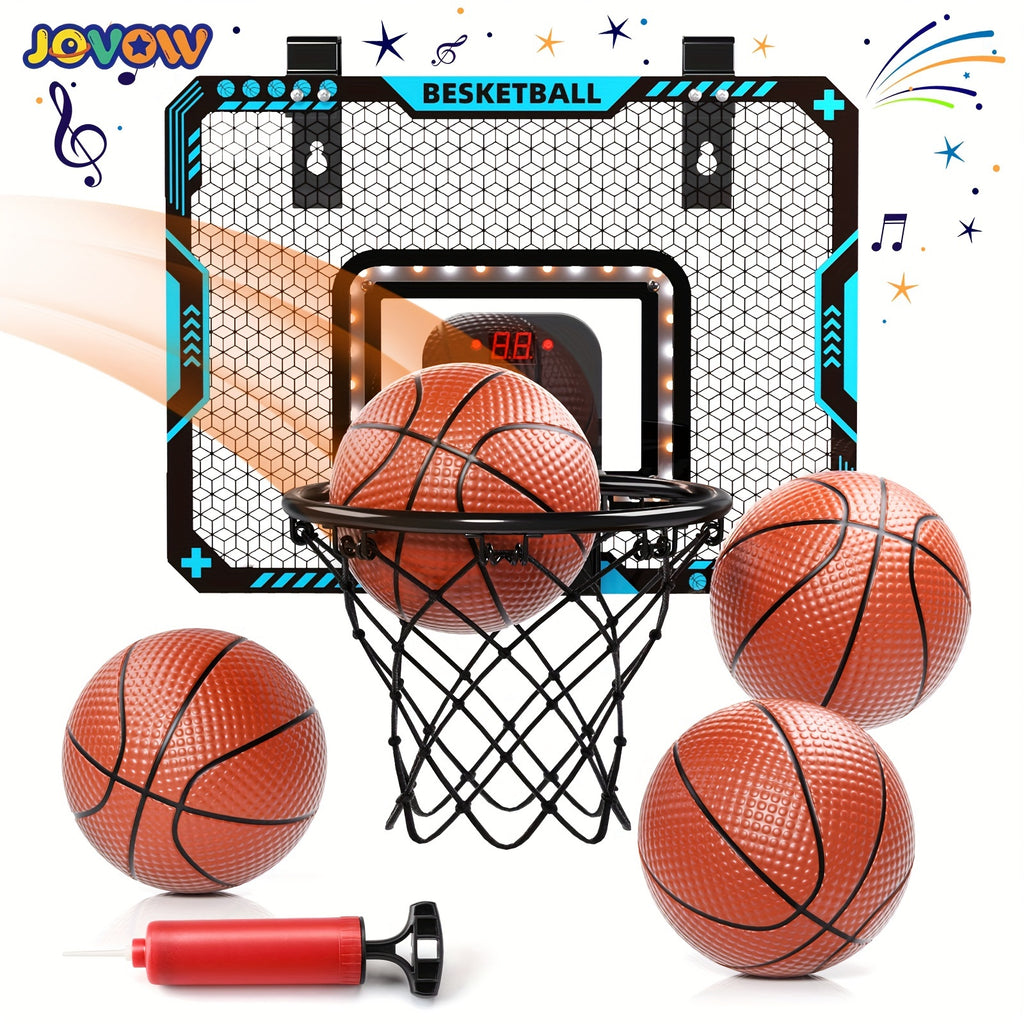 Kids Basketball Hoop Set with LED Lights Electronic Scoreboard 4 Balls Door Stand Indoor Outdoor Sports Toy for Boys Girls - Birthday Christmas Gift