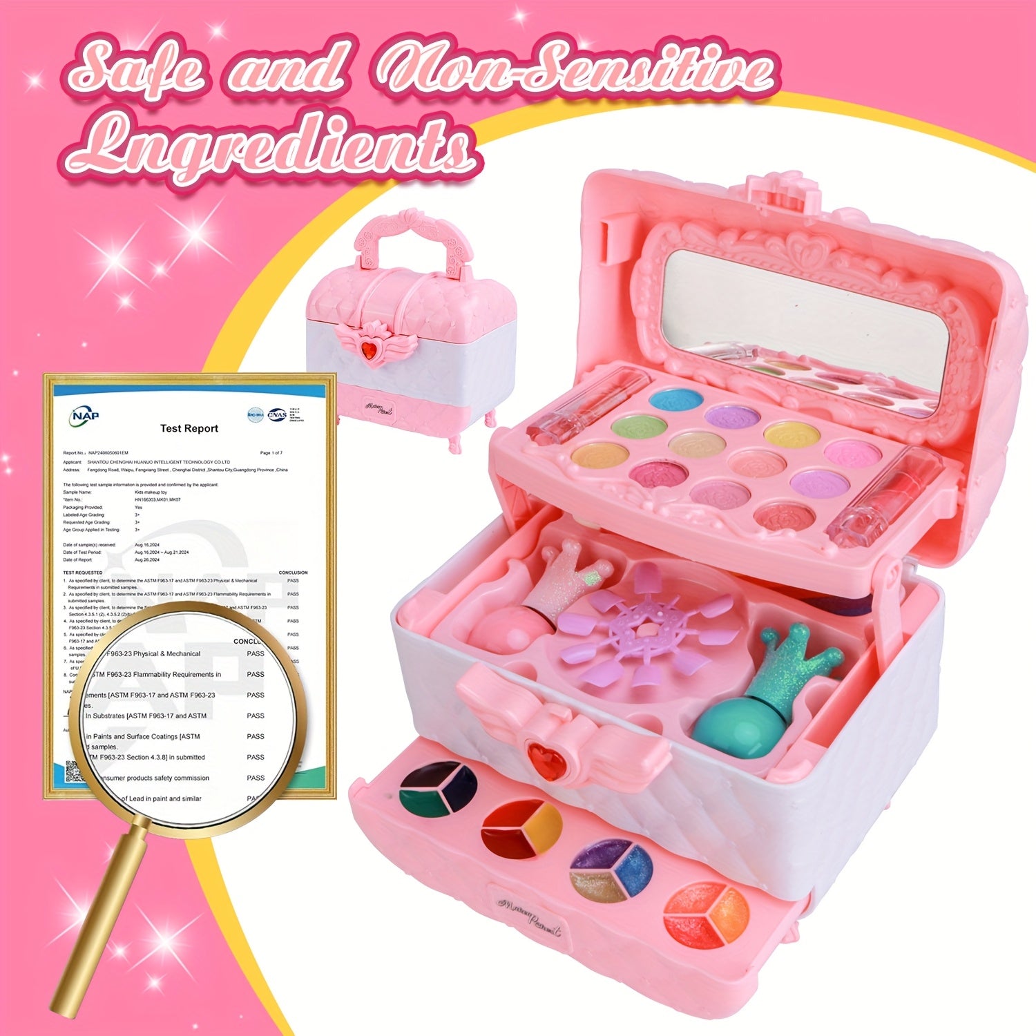 Kids Makeup Kit for Girls 48 Piece Washable Hypoallergenic Eyeshadow Blush Lip Gloss Nail Polish Glitter Princess Pretend Play Cosmetic Set Ages 5-12 Birthday Christmas Gift