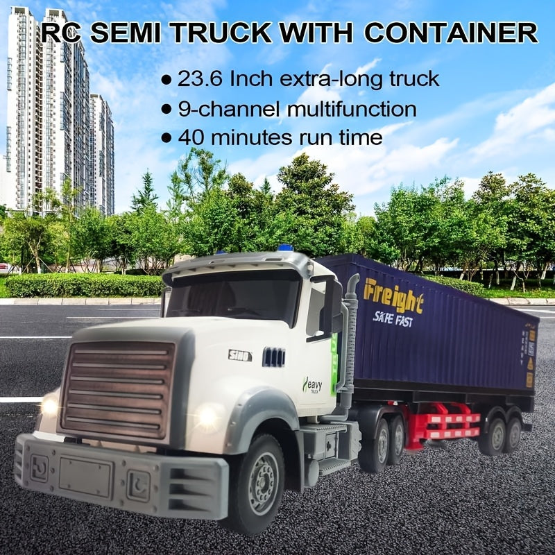 RC Semi Trailer Truck Toy 1:24 Scale 23.6 Inch LED Lights Music Detachable Trailer 2 Rechargeable Batteries Remote Control Cargo Truck Gift for Boys Girls Age 3+