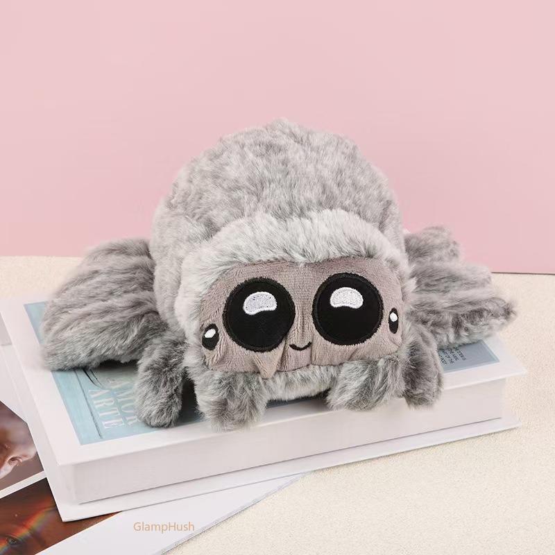 Huggable Spider Plush Figurine - Soft Fluffy Polyester Stuffed Animal Decoration, Squishy Fidget Poseable Toy, Halloween Party Supplies & Spooky Cute Home Decor, Fun Gift for Kids Adults Spider Lovers, Brown Gray Black