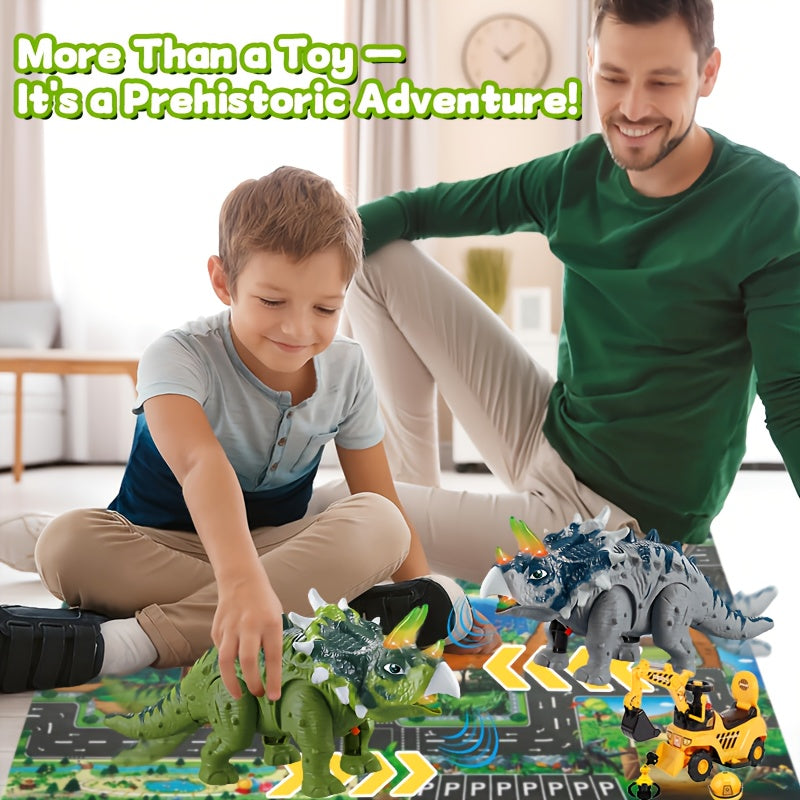Walking Triceratops Dinosaur Toy with LED Lights & Roaring Sounds - Auto-Walk Dino Toy for Kids Halloween Birthday Christmas Gift for Boys Girls