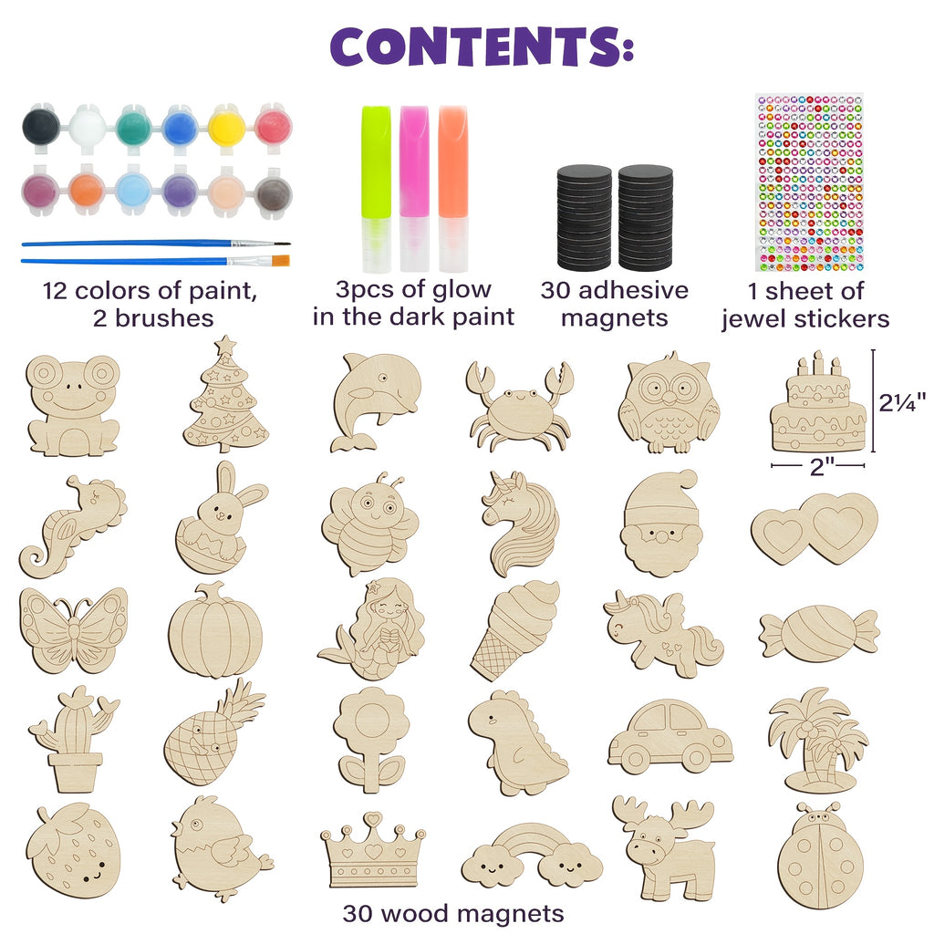 DIY Wooden Fridge Magnets Painting Kit for Kids 30pcs – Wood Craft Set with Glow in the Dark Paint, Art Supplies, Party Favors Gift for Boys Girls