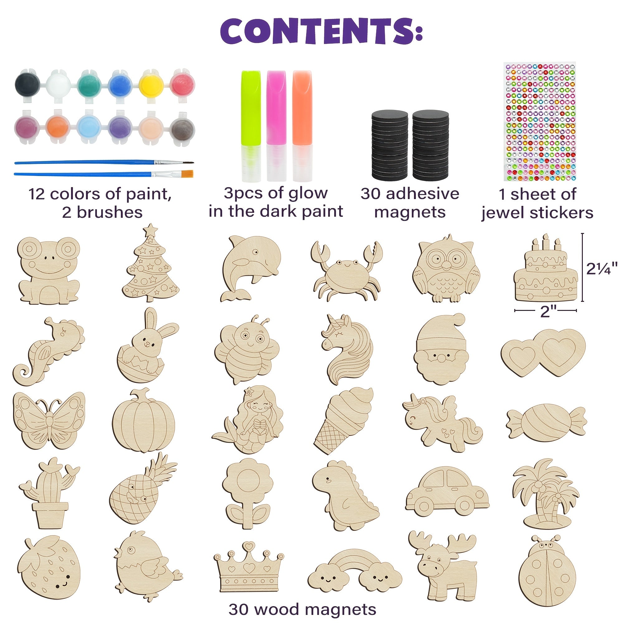 DIY Wooden Fridge Magnets Painting Kit for Kids 30pcs – Wood Craft Set with Glow in the Dark Paint, Art Supplies, Party Favors Gift for Boys Girls