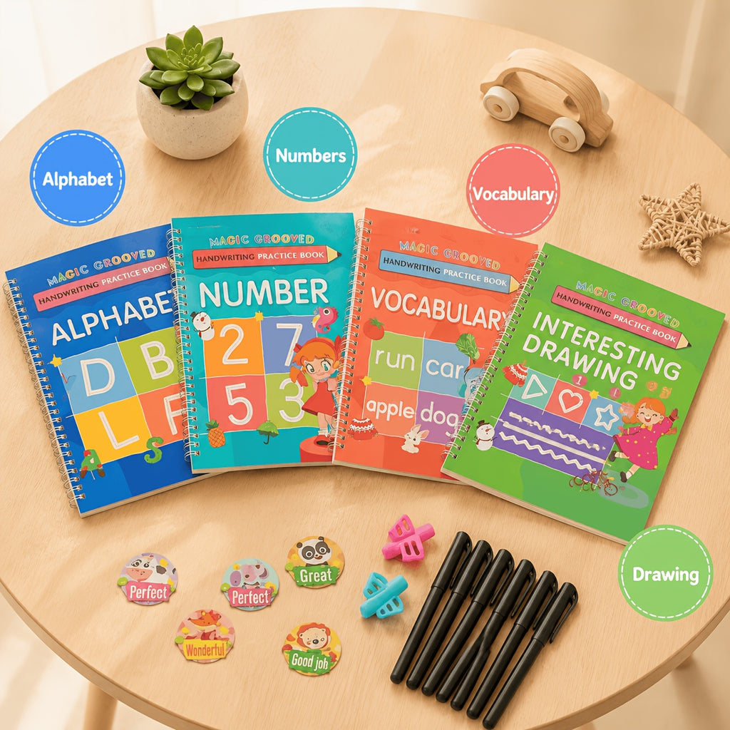 Reusable Magic Grooved Handwriting Workbook Set for Kids Ages 3-8 – 7-in-1 Writing Practice Books with Letters, Numbers, Math & Drawing, 500+ Rewrites, Preschool Learning Gift