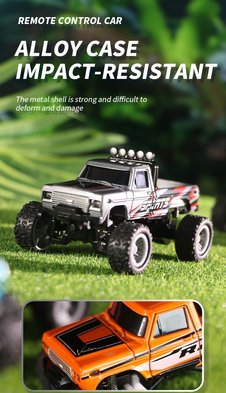 1:64 Mini RC Alloy Monster Truck with Trailer - 2.4GHz Off-Road Pickup Rock Crawler, Body Lights & Headlights, Tabletop Decor, Birthday Christmas Gift for Boys