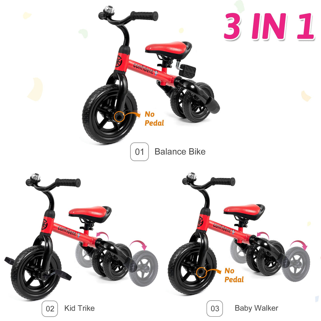 3-in-1 Foldable Toddler Tricycle for Boys Girls Ages 2+, 4-Mode Balance Bike with Detachable Pedals Training Wheels Carbon Steel Frame Puncture-Proof EVA Tires, Indoor Outdoor Ride-On, Birthday Christmas Gift