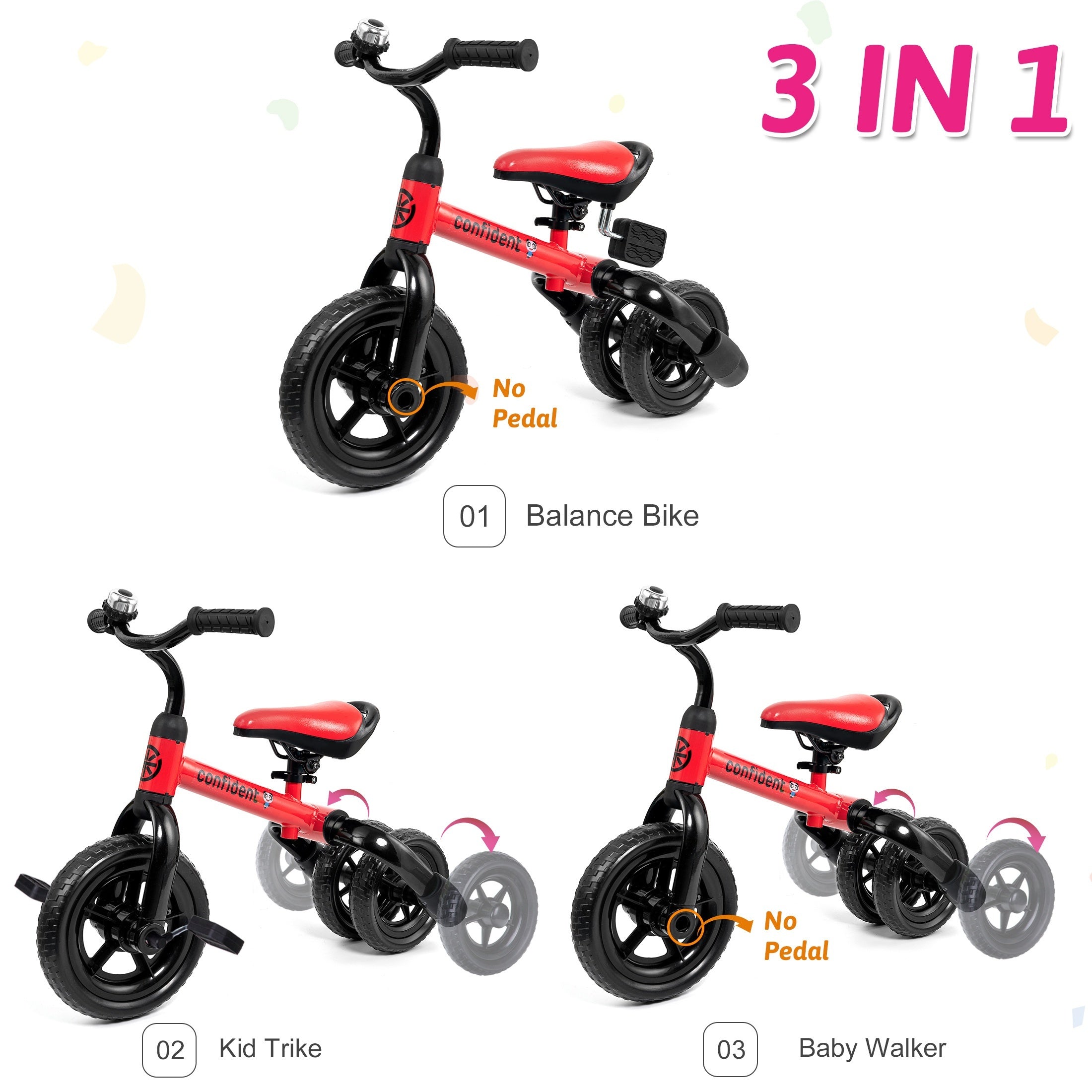3-in-1 Foldable Toddler Tricycle for Boys Girls Ages 2+, 4-Mode Balance Bike with Detachable Pedals Training Wheels Carbon Steel Frame Puncture-Proof EVA Tires, Indoor Outdoor Ride-On, Birthday Christmas Gift