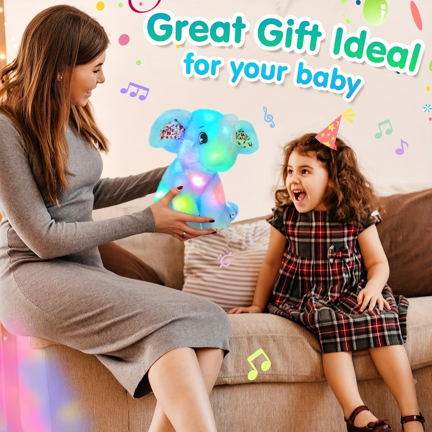 Musical Glowing Elephant Plush Toy with LED Light & Lullabies, Soft Stuffed Animal Nightlight Companion for Baby Toddler, Birthday Easter Gift for Kids
