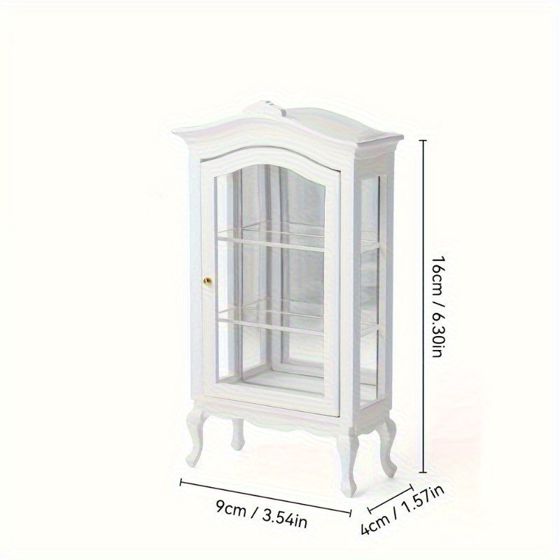 Dollhouse Display Cabinet Miniature White Wooden Hutch with Mirror 3 Glass Shelves Mini Furniture Decoration Photography Prop Wedding Scene Living Room Decor Gift
