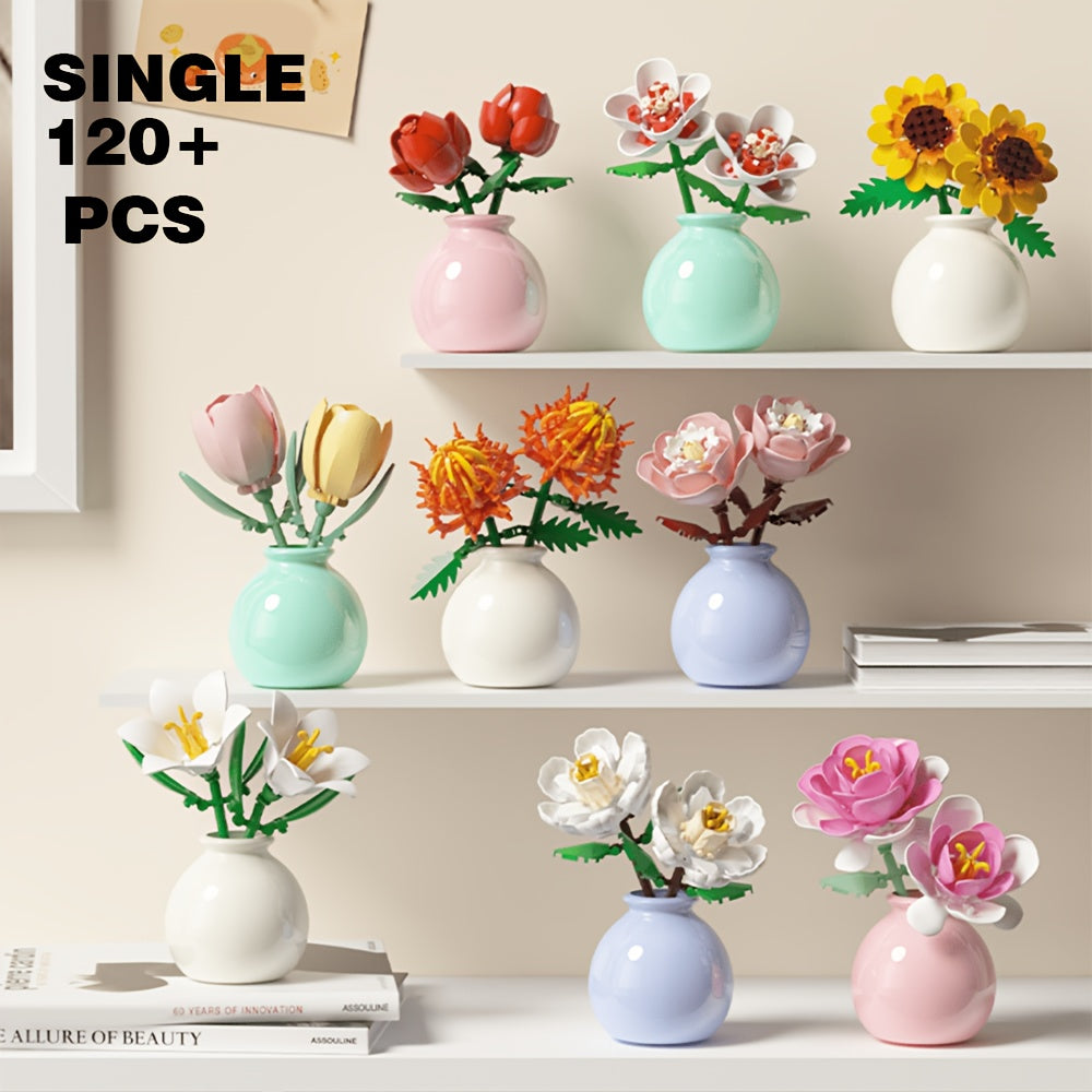 Flower Bouquet Mini Building Blocks 120pcs DIY Set - Eternal Green Plant Desk Decoration, Stress Relief Creative Toy, Easter Birthday Gift for Kids