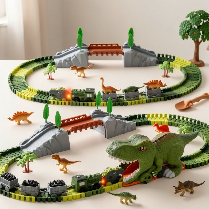 121-Piece Electric Dinosaur Track Train Set – Dinosaur Swallowing Car Sliding Track with Electric Train, Fun Dinosaur Toy Car Combination Playset for Kids Boys and Girls