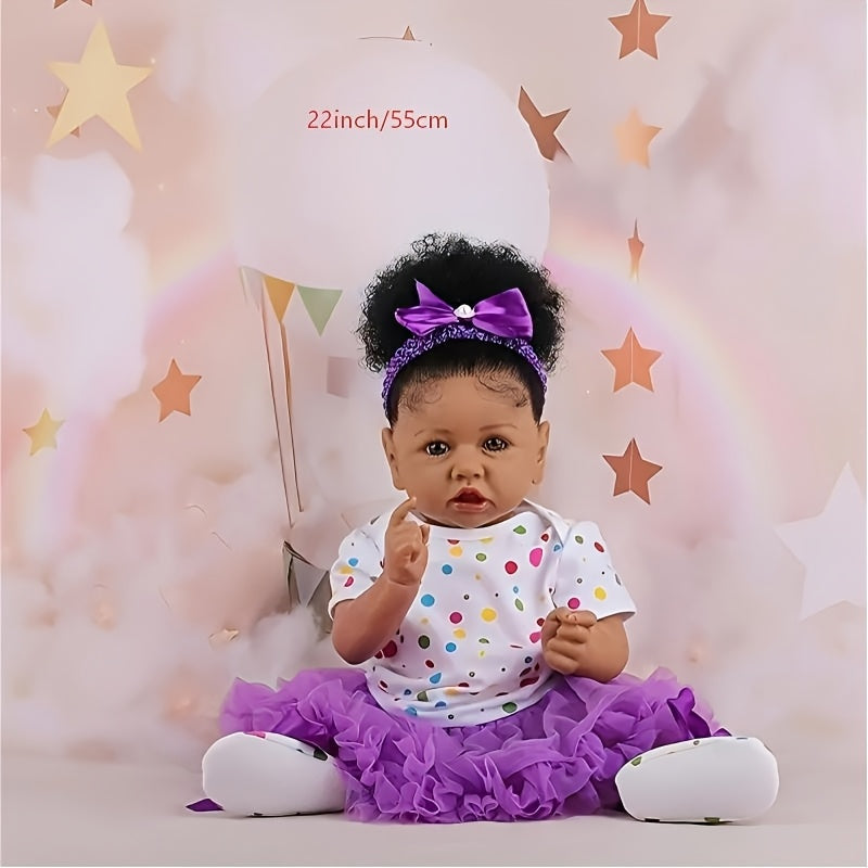 African American Reborn Baby Doll 21.5 Inch – Vinyl Black Doll with Beautiful Painted Pupils Full Set Curly Hair Handmade Hand-Painted Collectible Holiday Gift Ages 3+