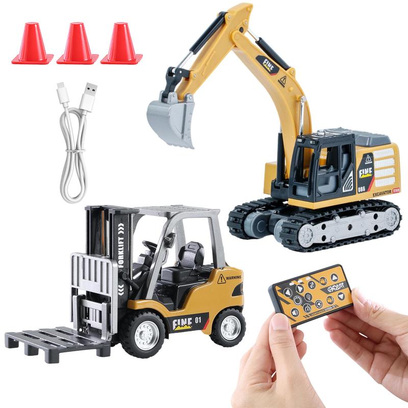 Mini RC Forklift Toy with 2-in-1 Lift Fork & Hook, Rechargeable Battery, Lights and Sound, Construction Vehicle Options for Ages 12+