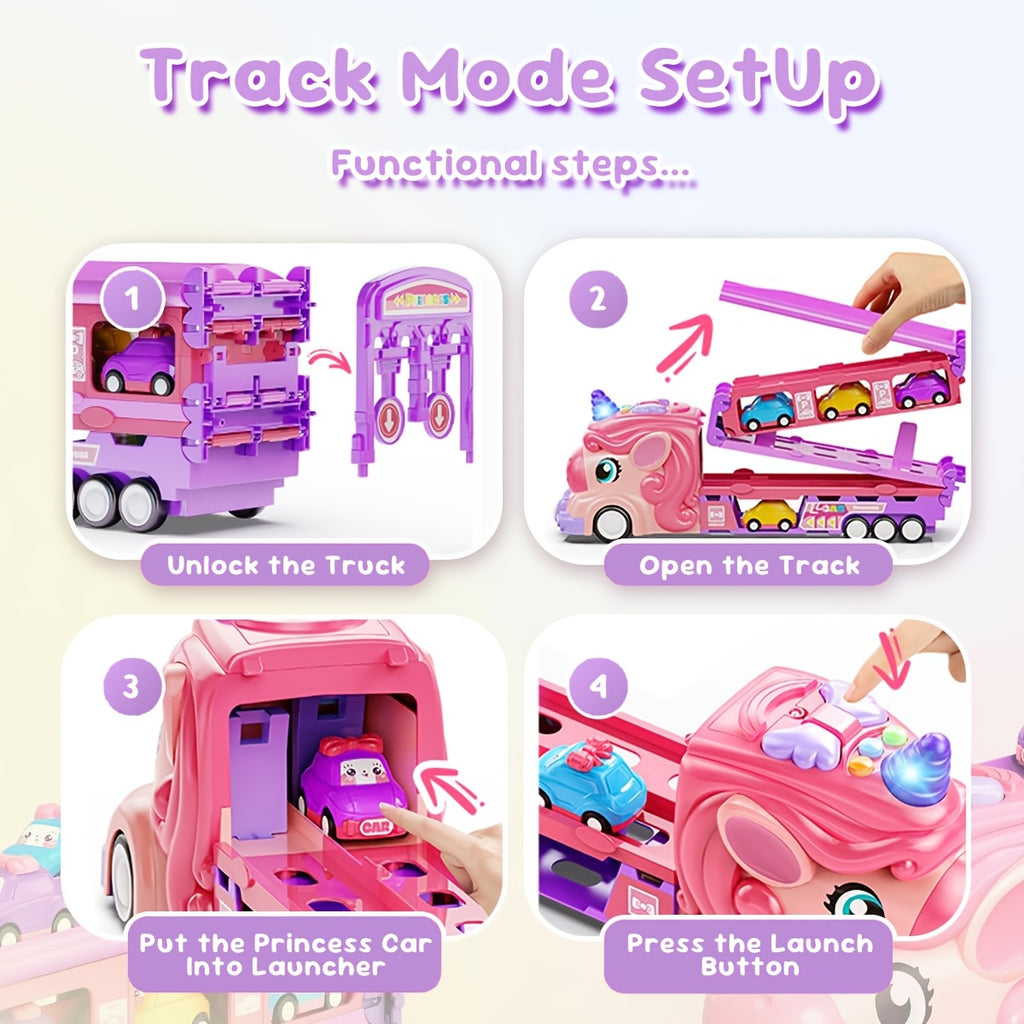 Pink Monster Truck Track Set with 8 Princess Cars – Light & Sound Friction Power, 2-Player Fold-Out Race Track Toy for Girls Boys Ages 3 4 5